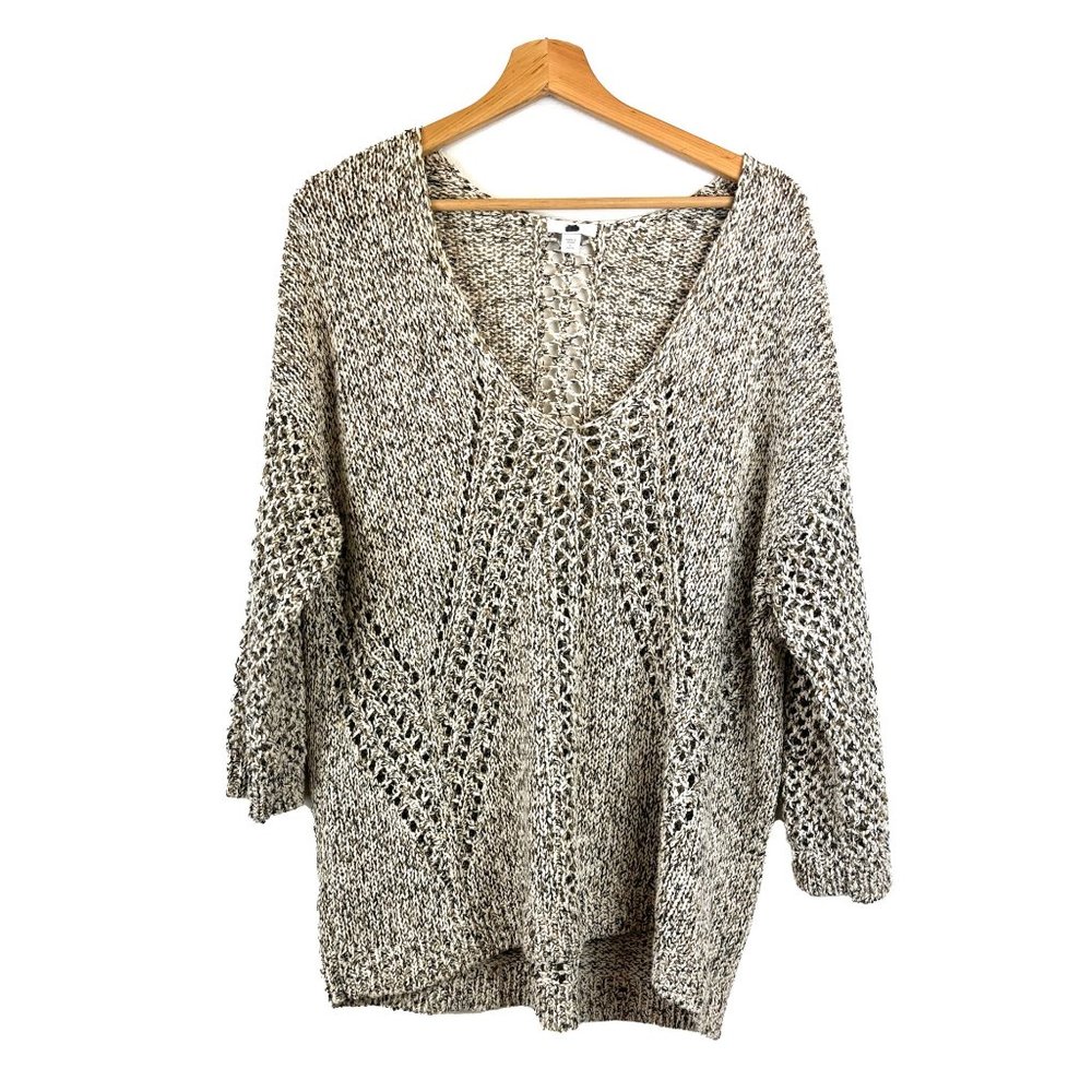 J. Jill Beige Heathered Oversized Open Knit Sweater L Petite LP